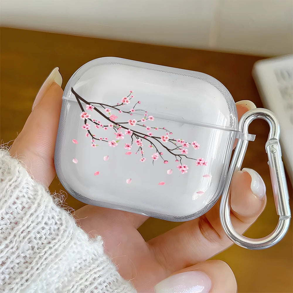 Pretty Pink Cherry Blossom Clear Earphone Case for AirPods 1/2/3/4 Earbuds Case For AirPods Pro 2/Pro 3/Pro TPU Protective Cover