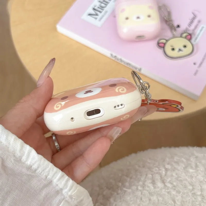 Cute Rilakkuma Bear AirPods Case for Pro 3/2/1 & 4/3/2/1 Soft Silicone Shockproof Cover with Keychain Kawaii Gift for Women