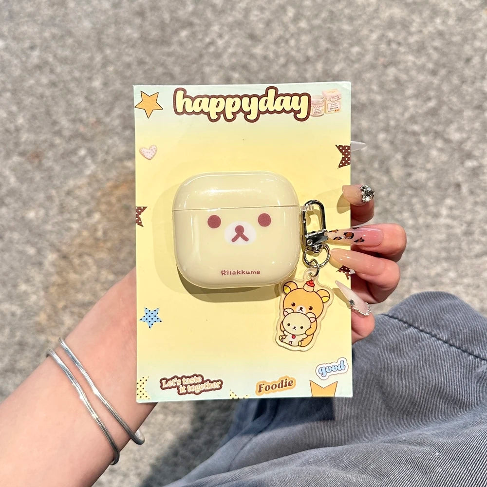 Cute Cartoon Rilakkuma Bear Earphone Case For Airpods 4 2 3 1 Pro 3 2 Wireless Bluetooth Headset Protective Cover With Pendant