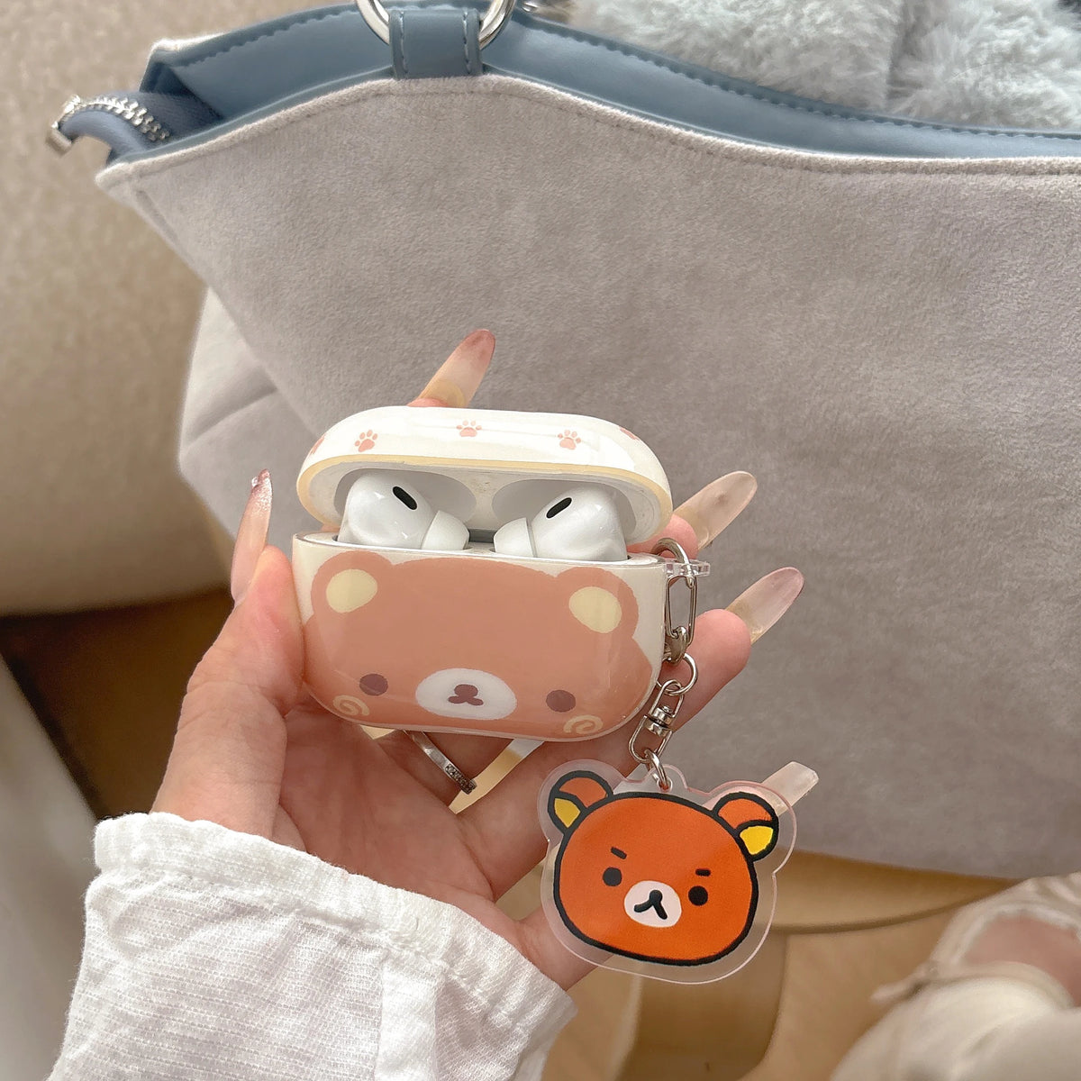 Cute Rilakkuma Bear AirPods Case for Pro 3/2/1 & 4/3/2/1 Soft Silicone Shockproof Cover with Keychain Kawaii Gift for Women
