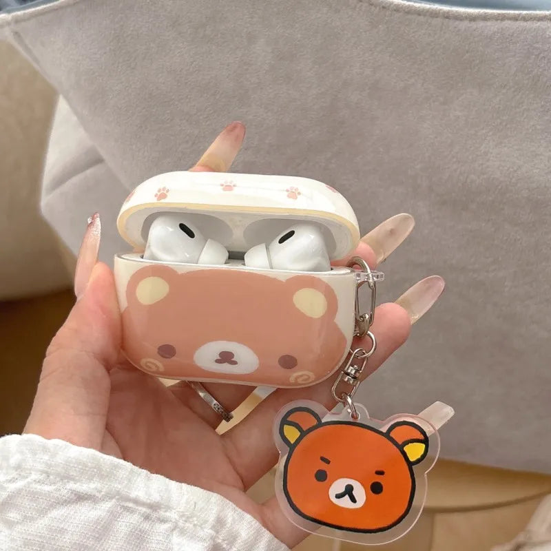 Cute Rilakkuma Bear AirPods Case for Pro 3/2/1 & 4/3/2/1 Soft Silicone Shockproof Cover with Keychain Kawaii Gift for Women