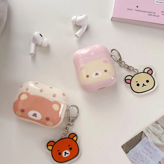 Cute Rilakkuma Bear AirPods Case for Pro 3/2/1 & 4/3/2/1 Soft Silicone Shockproof Cover with Keychain Kawaii Gift for Women