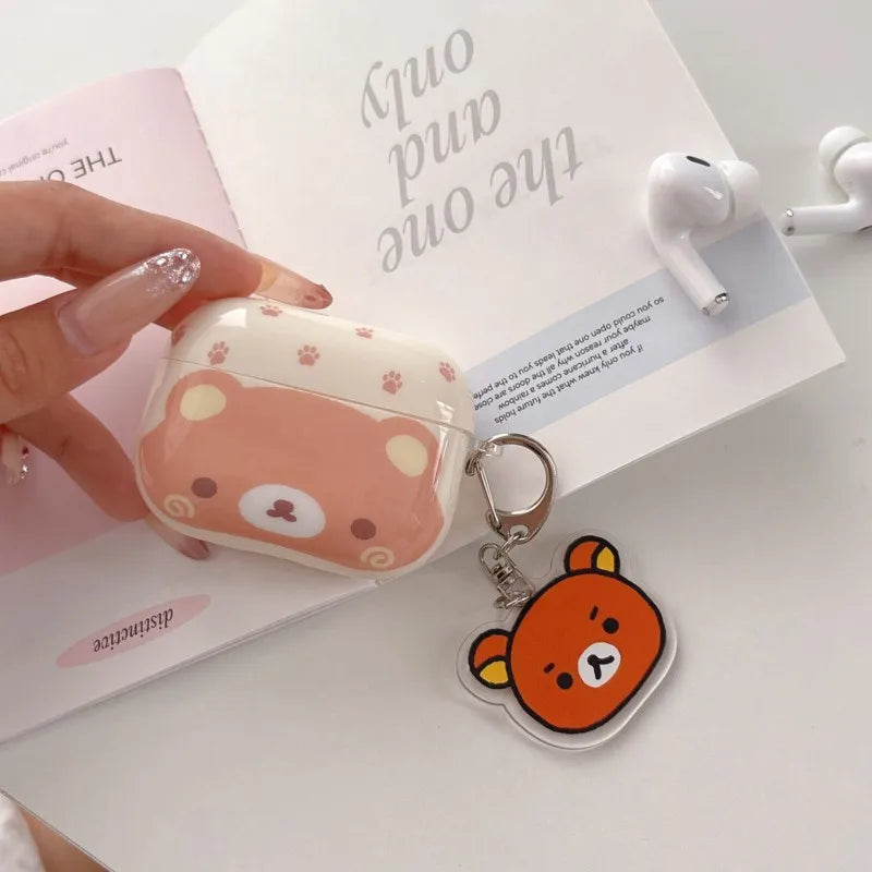 Cute Rilakkuma Bear AirPods Case for Pro 3/2/1 & 4/3/2/1 Soft Silicone Shockproof Cover with Keychain Kawaii Gift for Women